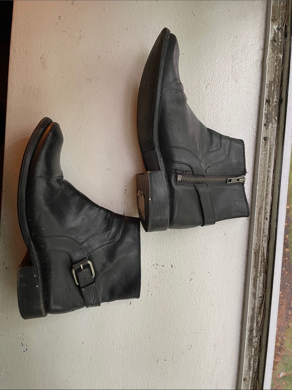 Frye Black Leather Zip & Buckle Ankle Boots